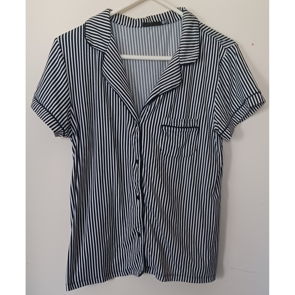 Zara Pajama Top Size M Black White Striped Button Front Lounge Sleepwear Relaxed